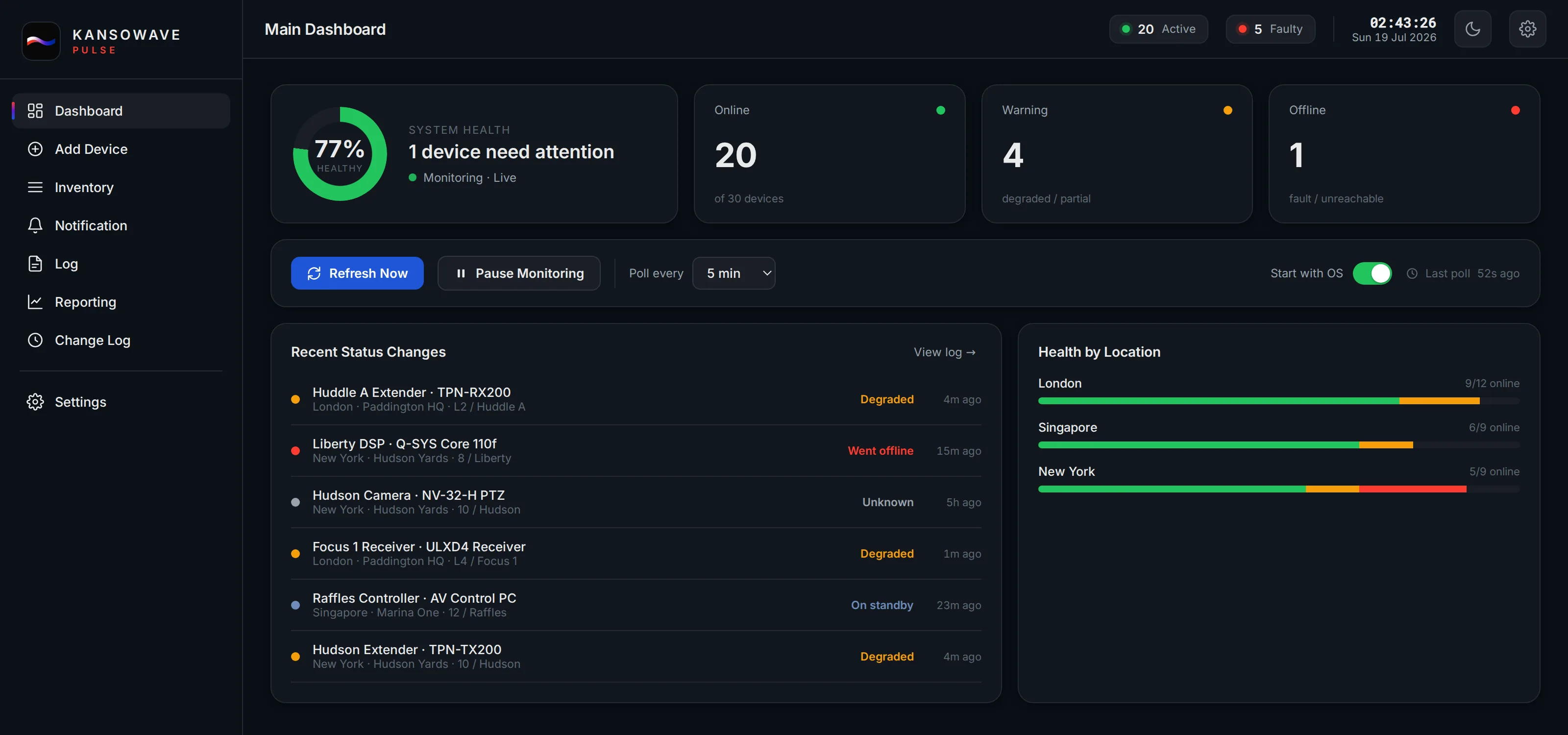 Kansowave Pulse dashboard monitoring an AV fleet across London, Singapore and New York